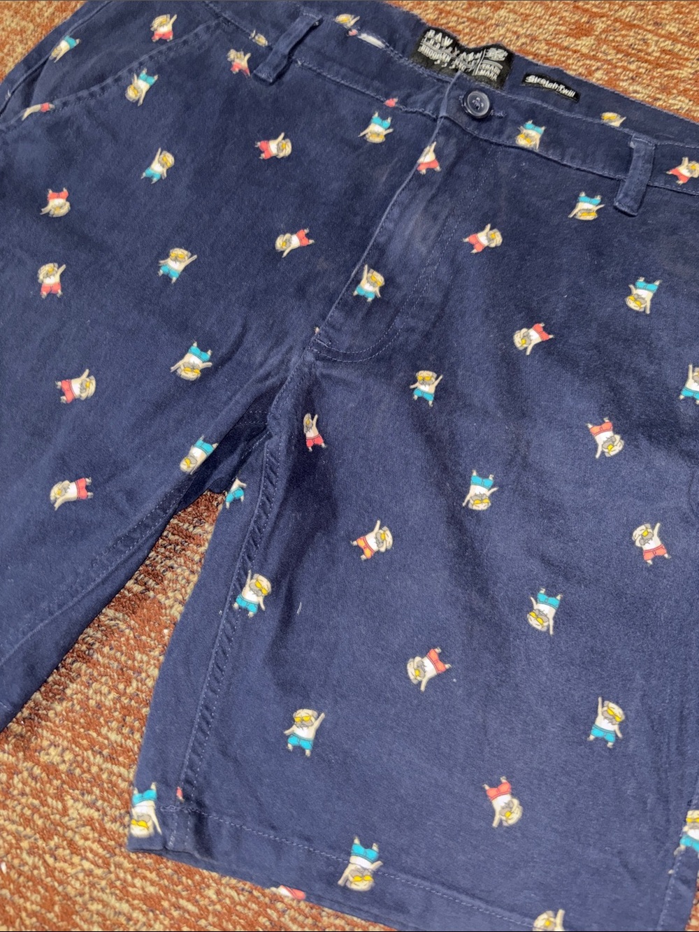 Preppy dog print flat front cotton twill casual shorts navy blue casual short 36